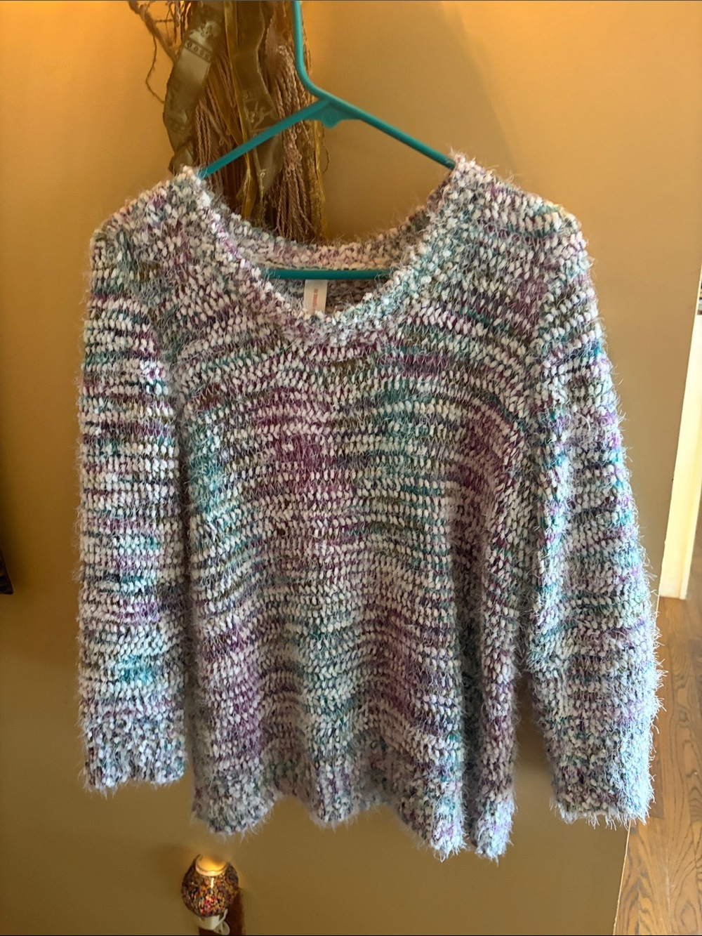 Soft Fuzzy Knit Sweater Purple Blue Green White Size XL